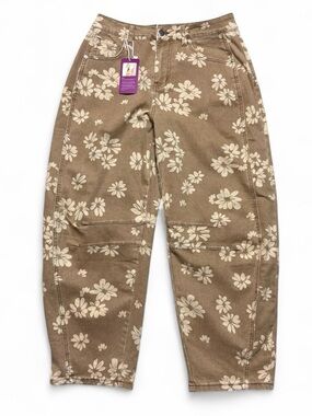 Women Y2k Brown Floral Barrel Jeans Baggy Wide Leg Womens Size M NWT